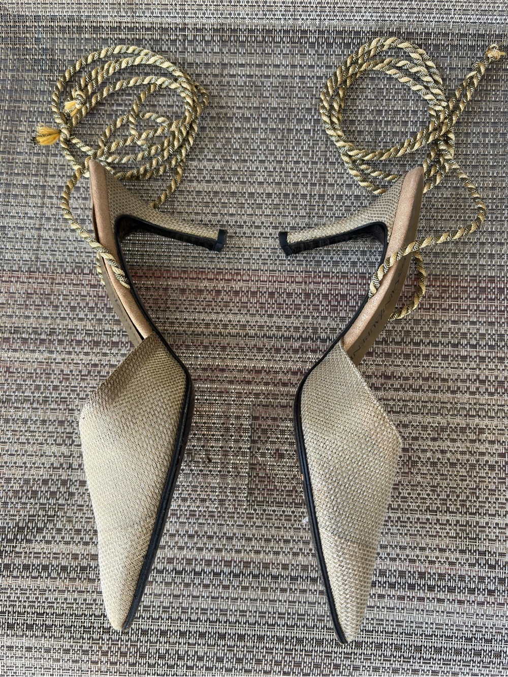Yves Saint Laurent Beige Pointed Toe Slingback Mules with Gold Rope Ties - Picture 2 of 4